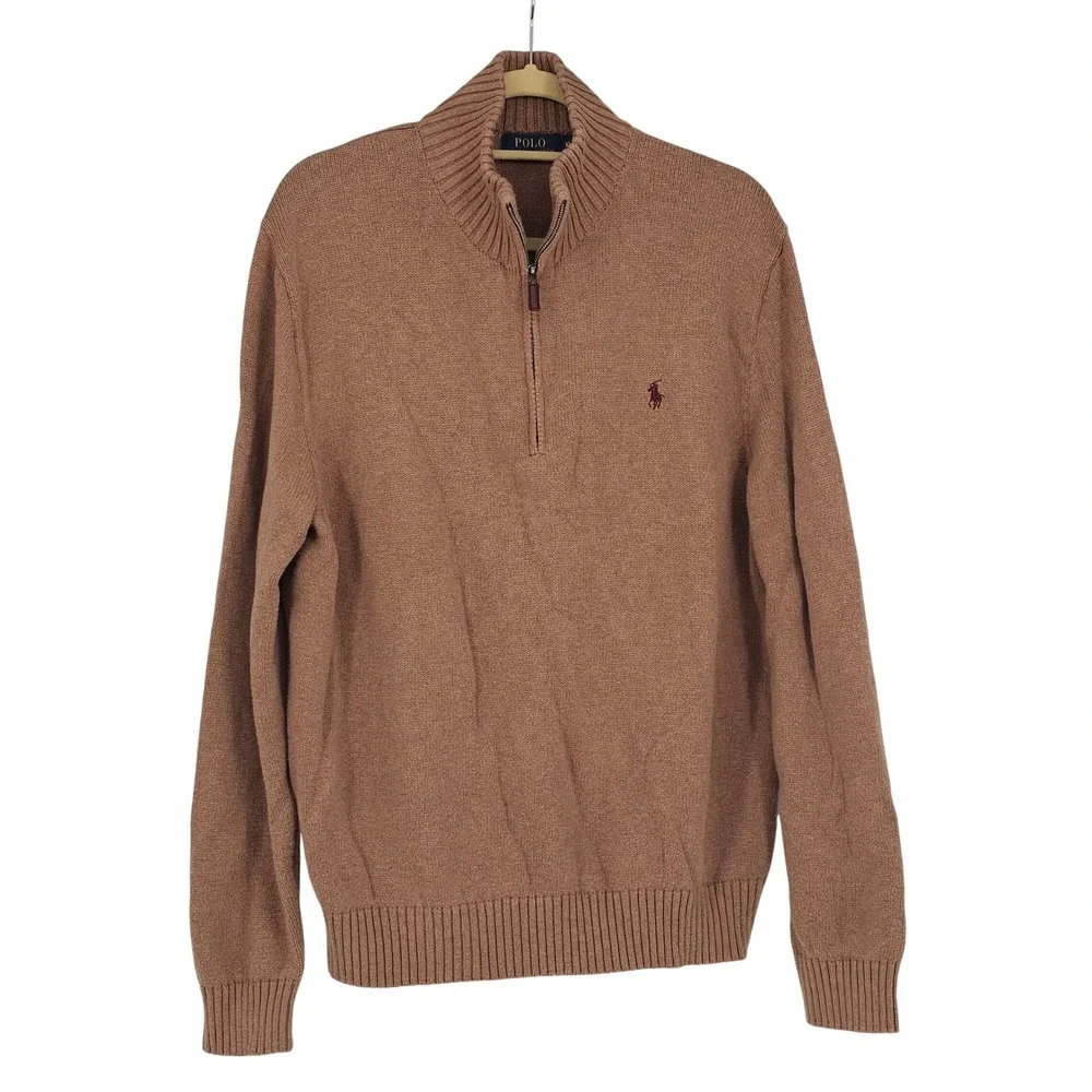Polo Ralph Lauren Quarter Zip Sweater XL Brown Old Money Preppy Classic Cotton